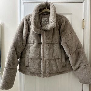 A&F Light Gray Faux Fur Mini Puffer